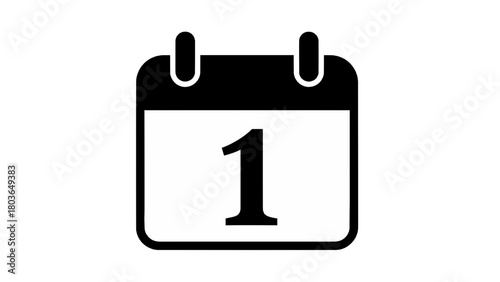 Vector illustration of black and white icon of a calendar with the number 1 on it, isolated on transparent background 
