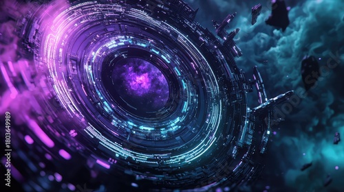 Fototapeta Naklejka Na Ścianę i Meble -  Futuristic space station portal traveling through glowing nebula