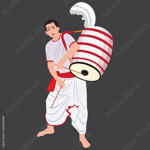 Man in traditional indian attire playing a large drum