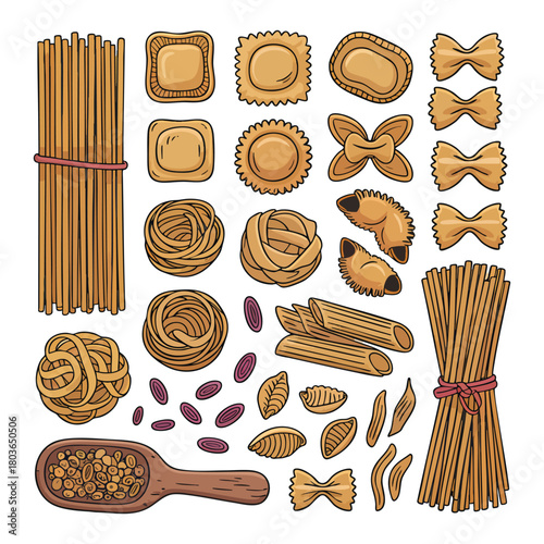 Assortment of Italian pasta shapes and ingredients on white background italian food spaghetti