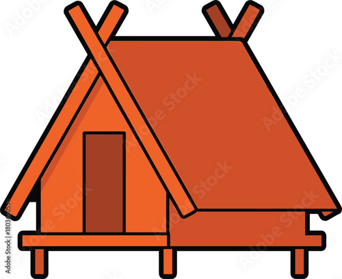 Orange wooden stilt house with A-frame roof on white background cabin dwelling