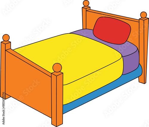 Orange wooden bed with yellow blanket and red pillow on white background bedroom furniture