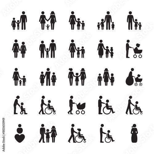 Black silhouette icons of diverse families and individuals with special needs family people