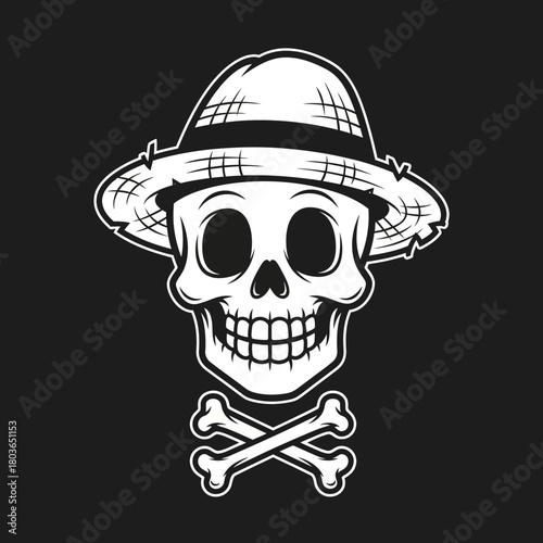 Illustration of a Skull with a Straw Hat and Crossbones for a Pirate or Halloween Design