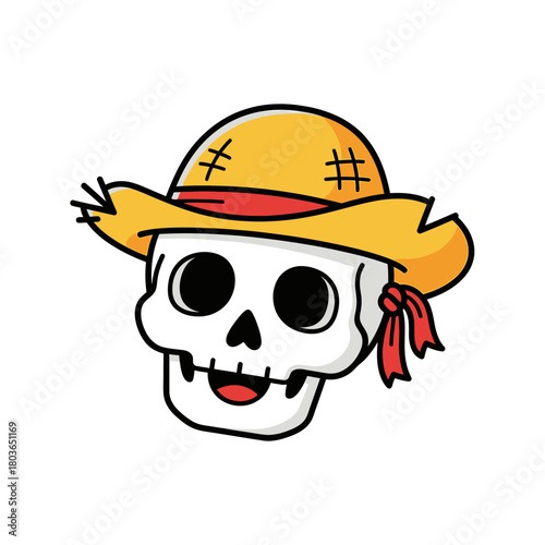 Cartoon Skull Wearing a Straw Hat with Red Ribbon, a Whimsical and Spooky Halloween Icon