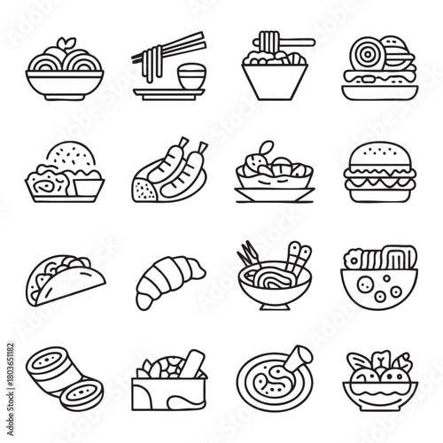 Collection of black and white food icons with various dishes and ingredients illustration