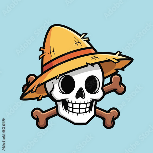 Vibrant cartoon graphic featuring a grinning skull wearing a woven straw hat, with a pair of brown crossbones behind it, perfect for themed designs and concepts
