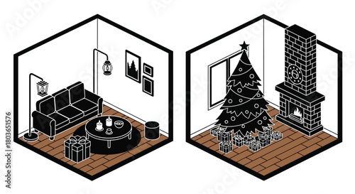 Isometric christmas living room interior design vector illustration