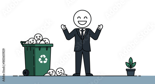 Business success concept happy businessman throwing away bad mood emoticons