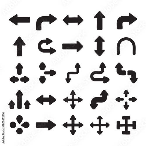 Collection of black arrow icons and directional symbols on white background left