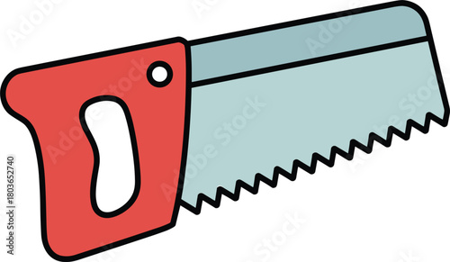 Red and blue cartoon hand saw with a serrated metal blade tool carpentry