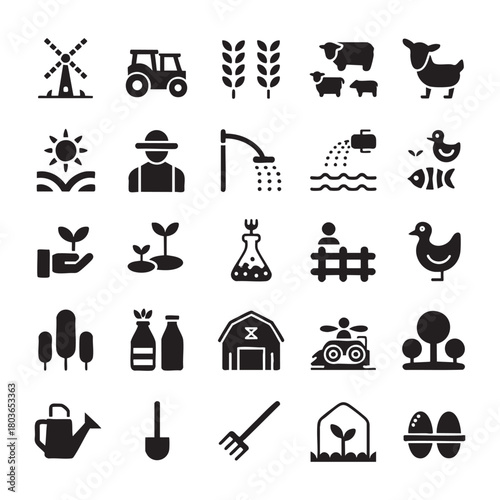 Collection of Black Farm and Agriculture Icons on White Background vector