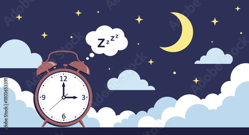 Clock showing time for sleep with clouds and stars in the night sky.