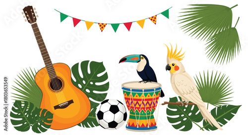 Brazilian Carnival Celebration: Guitar Drum Birds and Soccer Ball.