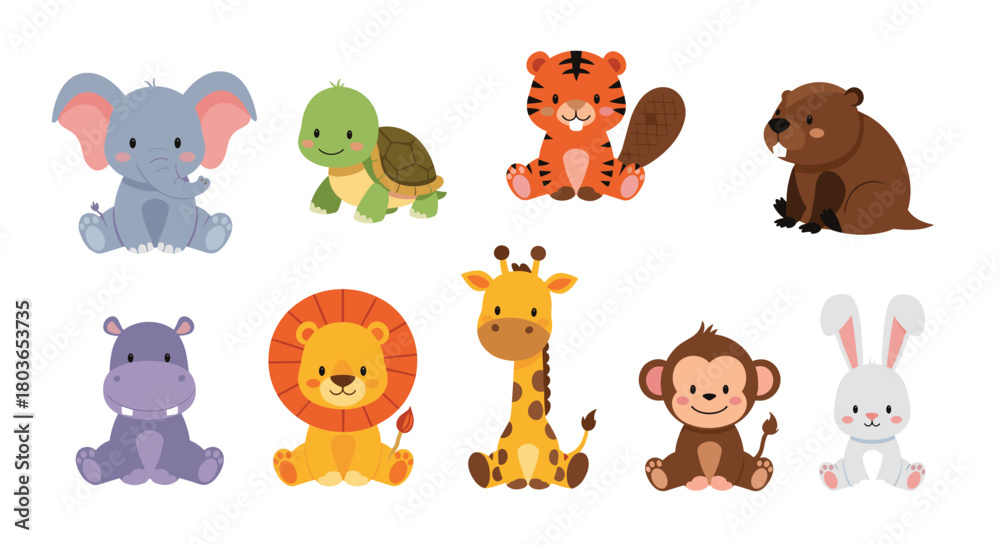 Obraz premium Cute cartoon animals collection sitting and smiling on white background.