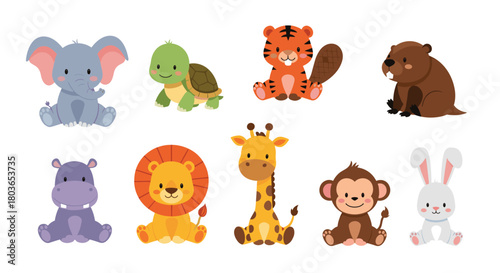 Cute cartoon animals collection sitting and smiling on white background.