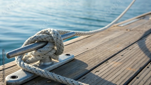 a close up view captures a securely tied nautical rope around a stainless steel cleat on a weathered wooden dock revealing maritime details