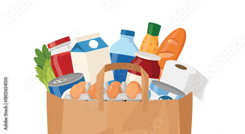 Grocery bag filled with various food items for purchase.