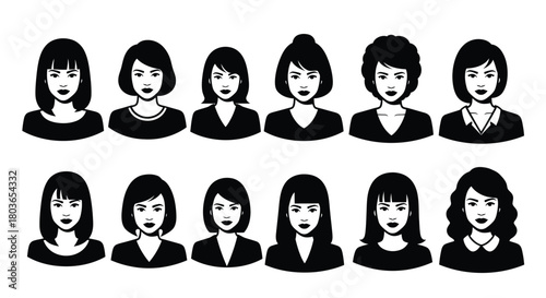 Woman avatar vector set diverse hairstyles portraits black and white