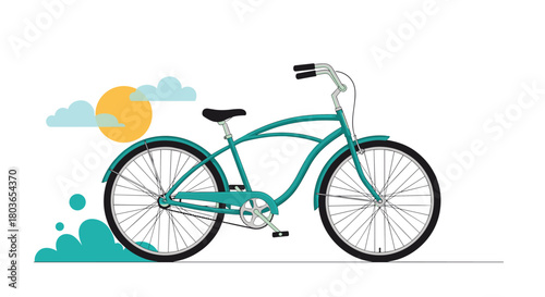 Stylish turquoise bicycle riding in the sunny weather with clouds.