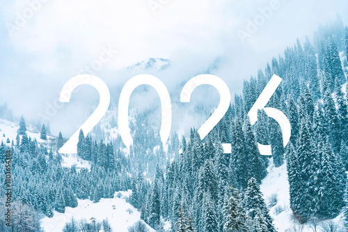 Text 2026 in the forest covered with snow in winter in the mountains during snowfall and fog. New year 2026 in nature