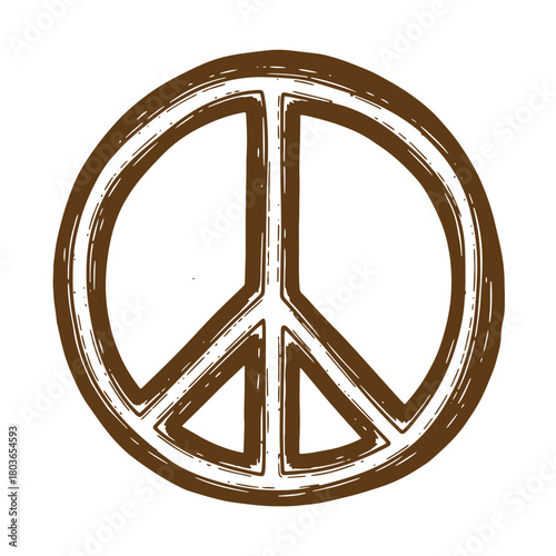 Hand drawn brown sketch vintage peace symbol on white isolated background