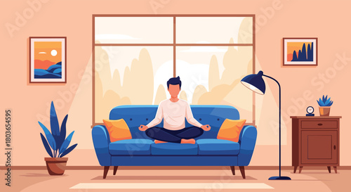 Man Meditating Peacefully on Couch in Living Room.