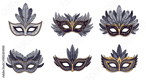 Elegant Venetian Masks Displayed on White Background.