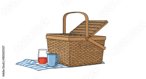Picnic basket with drinks and a checkered blanket.