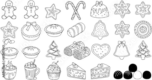 Christmas Desserts and Holiday Sweets Line Art Collection. Festive Cookies, Cakes, Pies, Candy Canes, Gingerbread Men, and Cupcakes Outline Illustration Set.