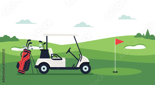 Golf cart and bag on the green field with flag.