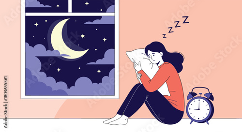 Woman struggles with insomnia sitting near window at night.