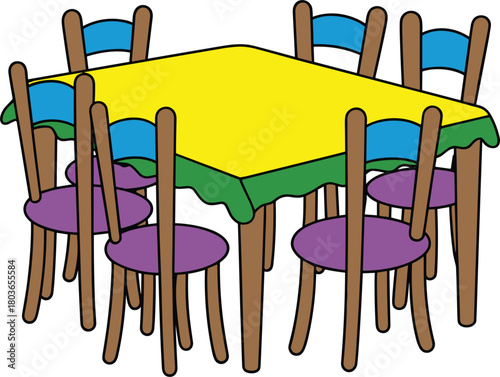 Square table with yellow tablecloth and eight colorful chairs dining furniture