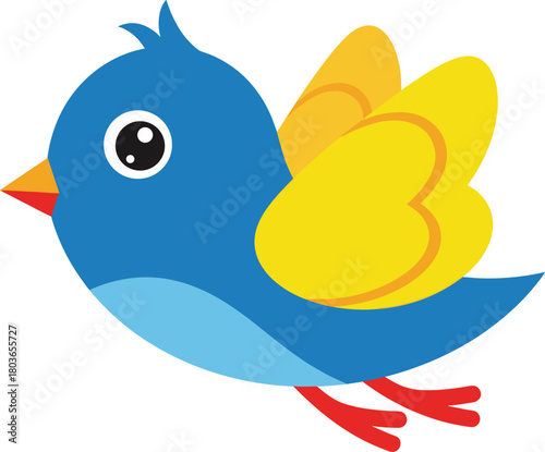 Cartoon bird with blue body, yellow heart-shaped wings, orange-tipped beak flying in cheerful and colorful animated nature scene