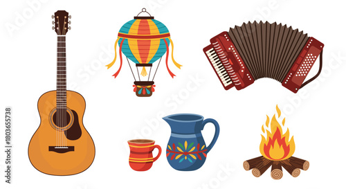 Musical instruments and festive objects in a colorful arrangement.