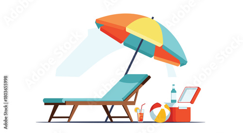 Beach relaxation scene with umbrella chair and accessories.