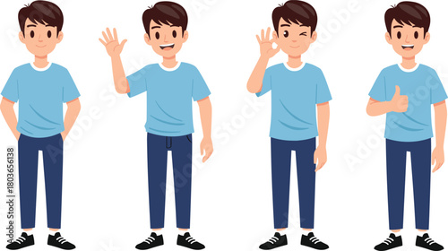 Cartoon boy illustration, character poses, hand gestures, smiling expression, casual outfit, vector art, youth clipart, animation asset, design element, friendly