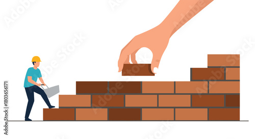 Construction worker building a brick wall with help.