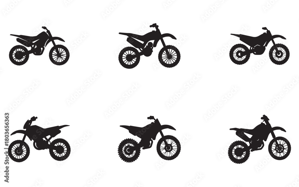 Naklejka premium Dirt Bike Silhouette Collection Featuring Six Unique Motocross Vehicle Designs for Extreme Sports and Off Road Adventure Enthusiasts