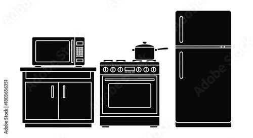 Kitchen appliances refrigerator oven microwave cabinet vector design