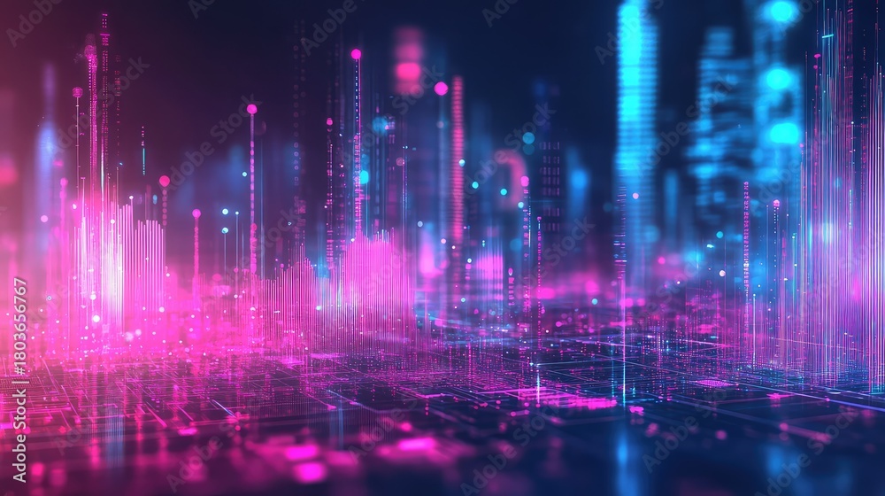 Fototapeta premium Digital cityscape illuminating data flow and network connections