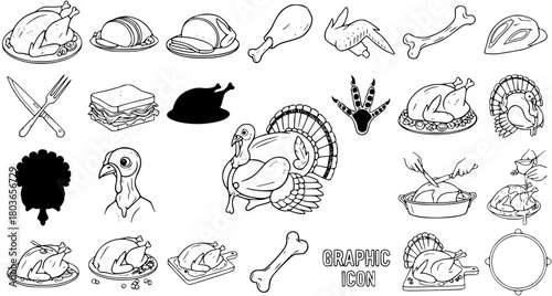 Hand-Drawn Thanksgiving Turkey and Food Icons: Festive Line Art Collection