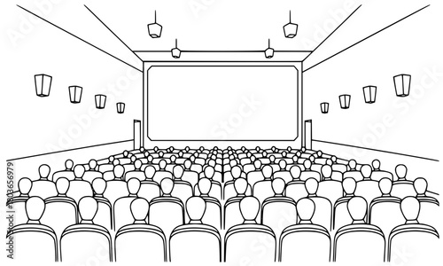 Line Art Movie Theater Audience Vector Illustration, Empty Cinema Screen in Dark Auditorium, Film, Entertainment, and Premiere Background Graphic