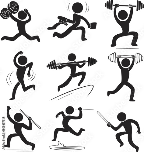 Dynamic stick figure icons: sports, fitness, and active lifestyle