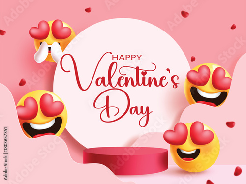 Happy Valentine's day podium love emoji clipart design. Happy valentine's day greeting text in circle board clip art with red podium, pink paper cut background and emoji in love characters 