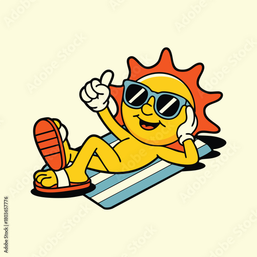 Happy Sun Relaxing in Shorts and Sandals Illustration, Retro Cartoon Sun Mascot Sunbathing with Sunglasses