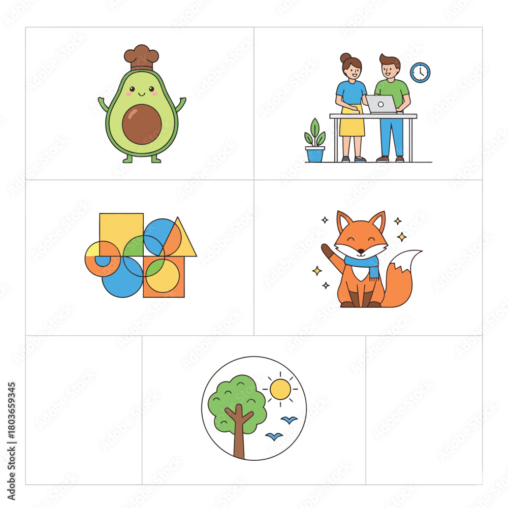 Fototapeta premium Collection of Cute and Colorful Vector Illustrations Featuring Diverse Themes and Subjects