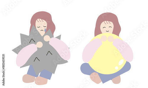 ストレスを抱える女性と心が落ち着いている女性のイラスト