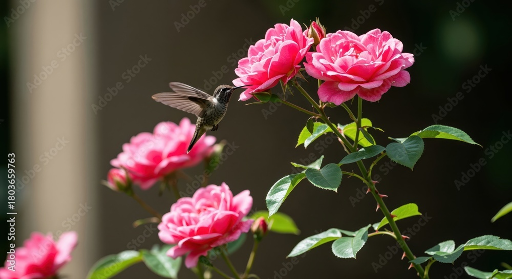Obraz premium Hummingbird and Roses: A hummingbird, a blur of motion, delicately sips nectar from vibrant pink roses. Witness the dance of life as this tiny creature finds sustenance within a floral embrace.