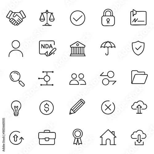 Collection of thin line icons representing business legal and finance concepts handshake